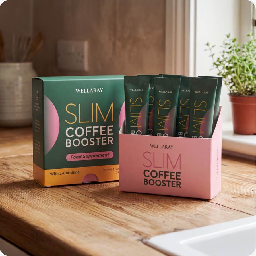BoĂźte et sticks de Slim Coffee Booster sur un plan de travail de cuisine